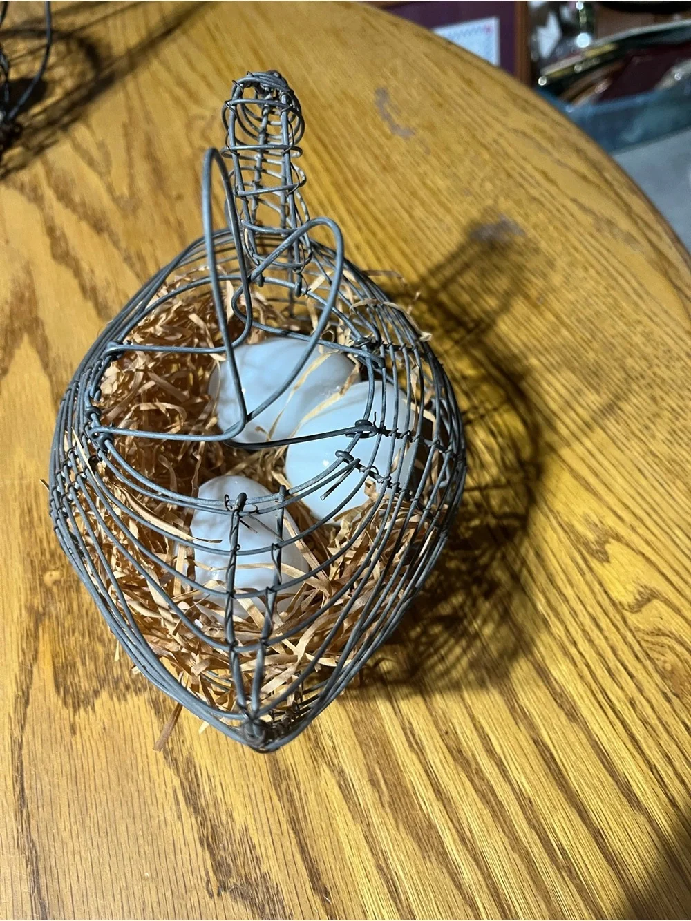 Wire Chicken Basket with Decorative White Glass Handblown Eggs